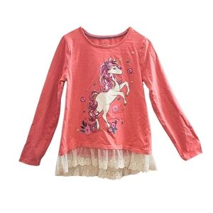 Isaac Mizrahi Girls Unicorn Long Sleeve Lace Hem Top Size 10/12 Coral Pink